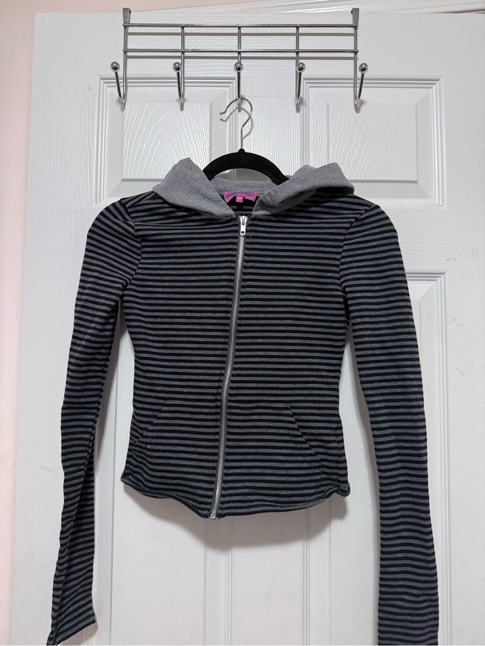EDIKTED GRUNGE Grey & Black Striped Hooded Zip Jacket / Hoodie